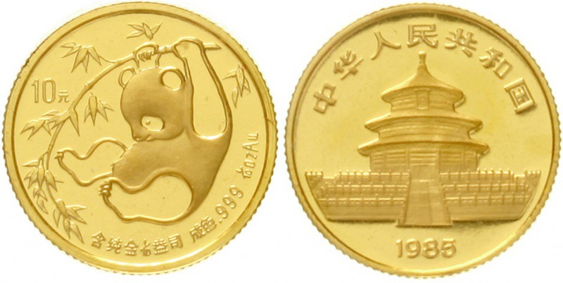 China
Volksrepublik, seit 1949
10 Yuan GOLD 1985. Panda, an Bambuszweig turnen...