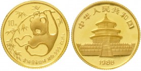 China
Volksrepublik, seit 1949
10 Yuan GOLD 1985. Panda, an Bambuszweig turnend. 1/10 Unze Feingold. Verschweißt.
Stempelglanz