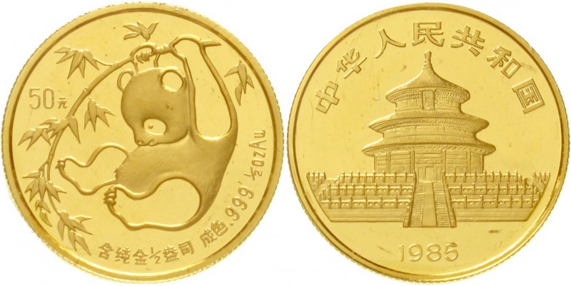 China
Volksrepublik, seit 1949
50 Yuan GOLD 1985 Panda, an Bambuszweig turnend...