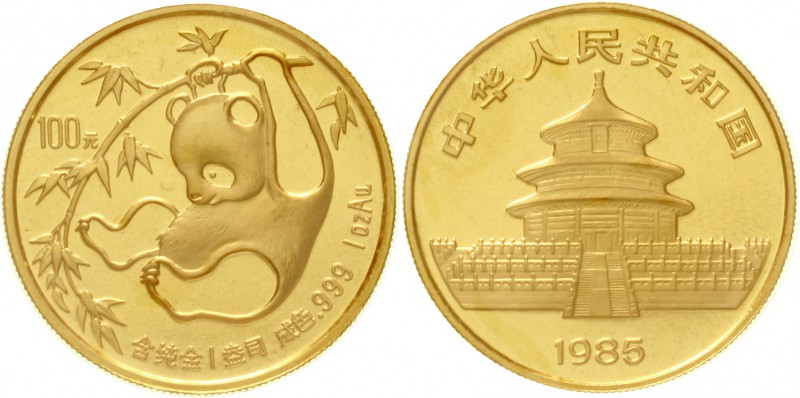 China
Volksrepublik, seit 1949
100 Yuan GOLD 1985. Panda, an Bambuszweig turne...