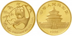 China
Volksrepublik, seit 1949
100 Yuan GOLD 1985. Panda, an Bambuszweig turnend. 1 Unze Feingold. Verschweißt.
Stempelglanz