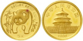 China
Volksrepublik, seit 1949
5 Yuan GOLD 1986. Panda zwischen Bambuspflanzen. 1/20 Unze Feingold. Verschweißt.
Stempelglanz, kl. roter Fleck