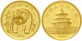 China
Volksrepublik, seit 1949
10 Yuan 1/10 Unze GOLD 1986. Panda zwischen Bambuspflanzen. Verschweißt.
Stempelglanz