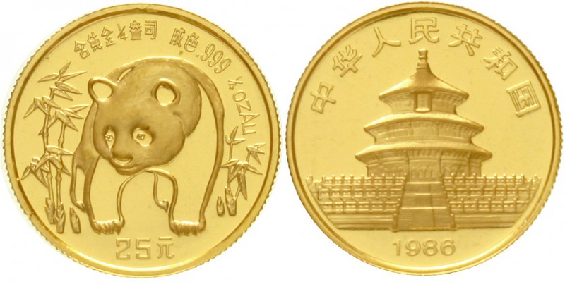 China
Volksrepublik, seit 1949
25 Yuan 1/4 Unze GOLD 1986. Panda zwischen Bamb...