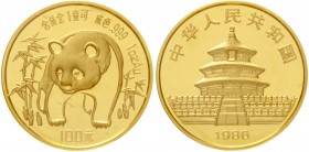 China
Volksrepublik, seit 1949
100 Yuan GOLD 1986 Panda zwischen Bambuspflanzen. 1 Unze Feingold. Verschweißt.
Stempelglanz