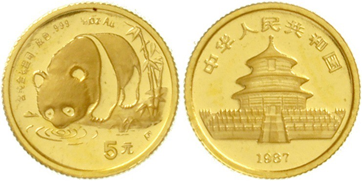 China
Volksrepublik, seit 1949
5 Yuan GOLD 1987 S (Shanghai). Panda an Gewässe...