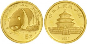 China
Volksrepublik, seit 1949
5 Yuan GOLD 1987 S (Shanghai). Panda an Gewässer. 1/20 Unze Feingold. Verschweißt.
Stempelglanz