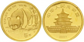 China
Volksrepublik, seit 1949
5 Yuan GOLD 1987 S (Shanghai). Panda an Gewässer. 1/20 Unze Feingold. Verschweißt.
Stempelglanz