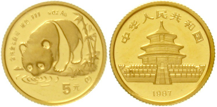 China
Volksrepublik, seit 1949
5 Yuan GOLD 1987 Y (Shenyang). Panda an Gewässe...