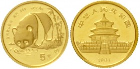China
Volksrepublik, seit 1949
5 Yuan GOLD 1987 Y (Shenyang). Panda an Gewässer. 1/20 Unze Feingold. Verschweißt.
Stempelglanz