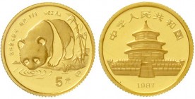 China
Volksrepublik, seit 1949
5 Yuan GOLD 1987 Y (Shenyang). Panda an Gewässer. 1/20 Unze Feingold. Verschweißt.
Stempelglanz