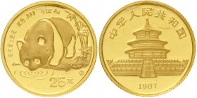 China
Volksrepublik, seit 1949
25 Yuan 1/4 Unze GOLD 1987 S (Shanghai). Panda an Gewässer. Verschweißt.
Stempelglanz