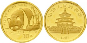 China
Volksrepublik, seit 1949
10 Yuan 1/10 Unze GOLD 1987 S (Shanghai). Panda an Gewässer. Verschweißt.
Stempelglanz