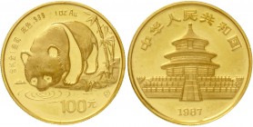 China
Volksrepublik, seit 1949
100 Yuan GOLD 1987 S (Shanghai). Panda an Gewässer. 1 Unze Feingold. Verschweißt.
Stempelglanz, winz. Randfehler