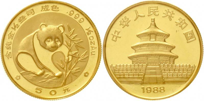 China
Volksrepublik, seit 1949
50 Yuan GOLD 1988. Panda beim Ergreifen eines B...
