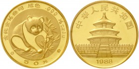 China
Volksrepublik, seit 1949
50 Yuan GOLD 1988. Panda beim Ergreifen eines Bambuszweiges. 1/2 Unze Feingold. Verschweißt.
Stempelglanz