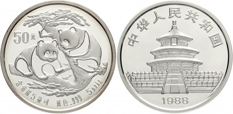 China
Volksrepublik, seit 1949
50 Yuan 5 Unzen Silbermünze 1988. Zwei Pandas a...