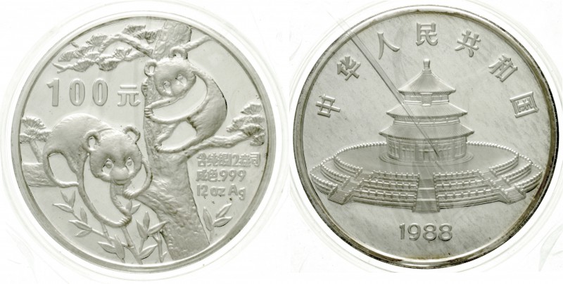 China
Volksrepublik, seit 1949
100 Yuan Silber 12 Unzen 1988. Zwei Pandas auf ...