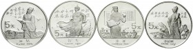 China
Volksrepublik, seit 1949
4 X 5 Yuan Silber 1988. Große Persönlichkeiten der chinesischen Geschichte 5. Ausgabe. Bi Sheng, Su Shi, Li Qingzhao,...