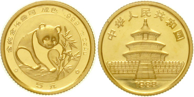 China
Volksrepublik, seit 1949
5 Yuan GOLD 1988. Panda beim Ergreifen eines Ba...