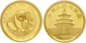 China
Volksrepublik, seit 1949
5 Yuan GOLD 1988. Panda beim Ergreifen eines Bambuszweiges. 1/20 Unze Feingold. Verschweißt.
Stempelglanz