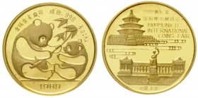 China
Volksrepublik, seit 1949
Freundschaftspanda GOLD, zur Münzenbörse München 1989, offiziell von der chinesischen Regierung verausgabt, 1/2 Unze ...