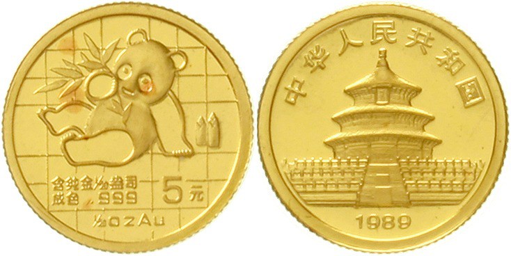 China
Volksrepublik, seit 1949
5 Yuan GOLD 1989. Panda mit Bambuszweig. 1/20 U...