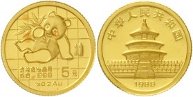 China
Volksrepublik, seit 1949
5 Yuan GOLD 1989. Panda mit Bambuszweig. 1/20 Unze Feingold. Small Date, verschweißt.
Stempelglanz