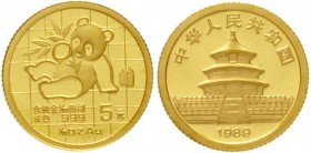 China
Volksrepublik, seit 1949
5 Yuan GOLD 1989. Panda mit Bambuszweig. 1/20 Unze Feingold. Large Date, verschweißt.
Stempelglanz