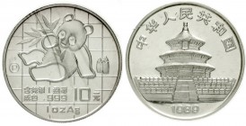 China
Volksrepublik, seit 1949
10 Yuan Panda 1989. Panda mit Bambuszweig. Mit Beizeichen P. Verschweißt mit Zertifikat.
Polierte Platte