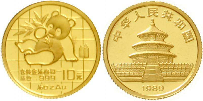 China
Volksrepublik, seit 1949
10 Yuan GOLD 1989. Panda mit Bambuszweig. 1/10 ...