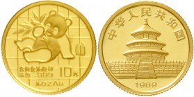China
Volksrepublik, seit 1949
10 Yuan GOLD 1989. Panda mit Bambuszweig. 1/10 Unze Feingold. Large Date.
Stempelglanz