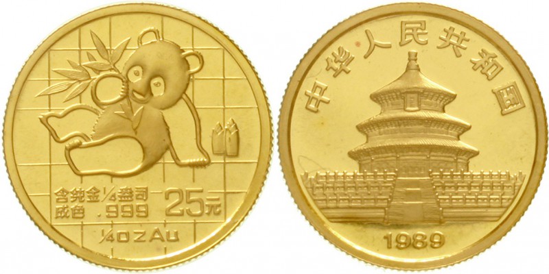 China
Volksrepublik, seit 1949
25 Yuan GOLD 1989 Panda mit Bambuszweig. 1/4 Un...