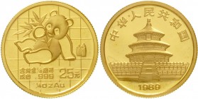 China
Volksrepublik, seit 1949
25 Yuan GOLD 1989 Panda mit Bambuszweig. 1/4 Unze Feingold. Small Date, verschweißt.
Stempelglanz