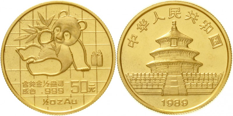 China
Volksrepublik, seit 1949
50 Yuan GOLD 1989. Panda mit Bambuszweig. 1/2 U...