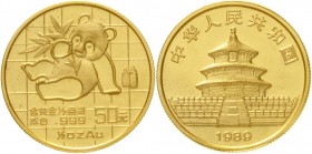 China
Volksrepublik, seit 1949
50 Yuan GOLD 1989. Panda mit Bambuszweig. 1/2 Unze Feingold. Small Date, verschweißt.
Stempelglanz