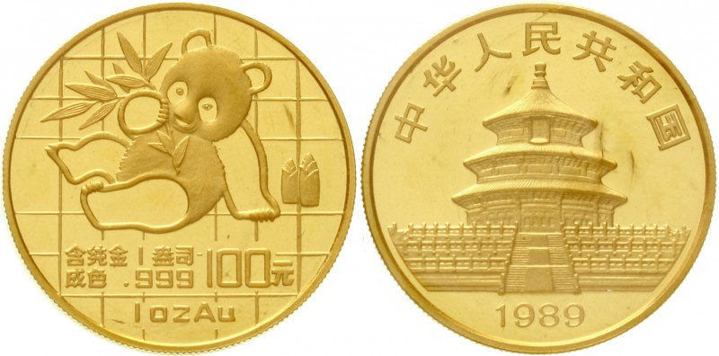 China
Volksrepublik, seit 1949
100 Yuan GOLD 1989. Panda mit Bambuszweig. 1 Un...