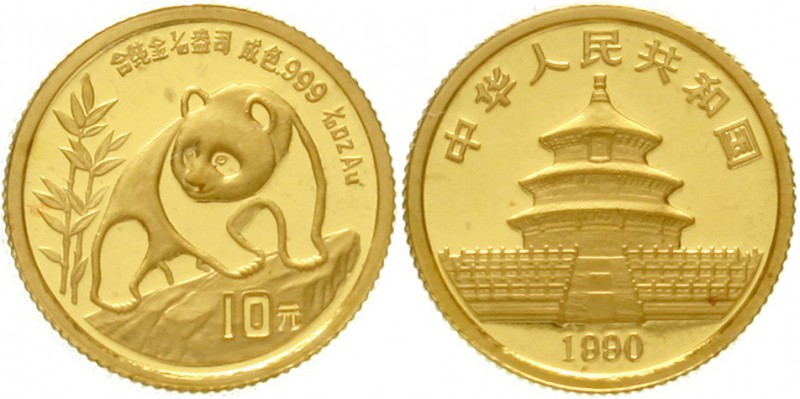 China
Volksrepublik, seit 1949
10 Yuan GOLD 1990. Panda auf Felsen. 1/10 Unze ...