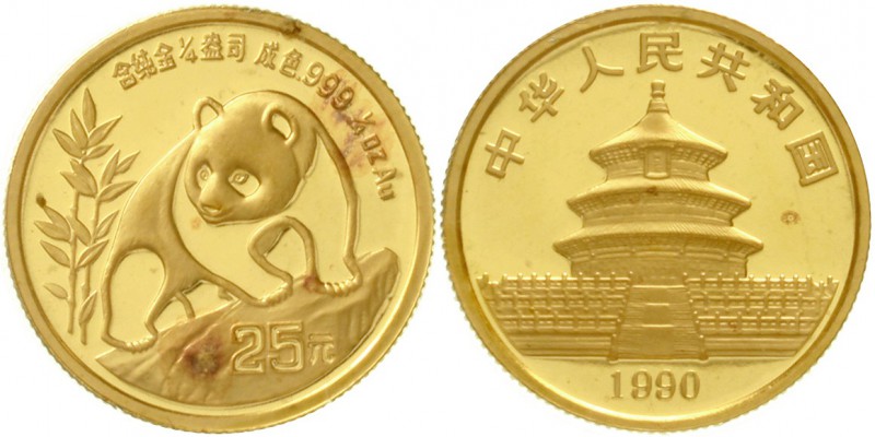 China
Volksrepublik, seit 1949
25 Yuan GOLD 1990. Panda auf Felsen. 1/4 Unze F...