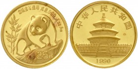 China
Volksrepublik, seit 1949
25 Yuan GOLD 1990. Panda auf Felsen. 1/4 Unze Feingold. Large Date, verscheißt.
Stempelglanz, kl. rote Flecken