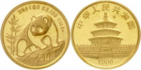 China
Volksrepublik, seit 1949
50 Yuan Panda GOLD 1990. Panda auf Felsen. 1/2 Unze Feingold. Large Date, verschweißt.
Stempelglanz
