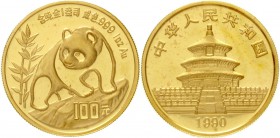 China
Volksrepublik, seit 1949
100 Yuan Panda GOLD 1990. Panda auf Felsen. 1 Unze Feingold. Large Date, verschweißt.
Stempelglanz, kl. rote Flecken...