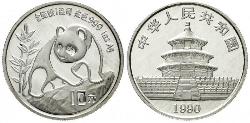 China
Volksrepublik, seit 1949
10 Yuan Panda 1990. Panda beim Besteigen eines ...
