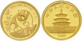 China
Volksrepublik, seit 1949
5 Yuan GOLD 1990 Panda auf Felsen. 1/20 Unze Feingold. Large Date, verschweißt.
Stempelglanz