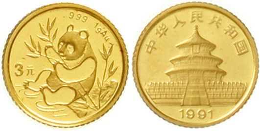 China
Volksrepublik, seit 1949
3 Yuan GOLD 1991. Panda mit Bambuszweig, an Gew...