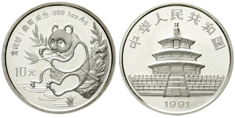 China
Volksrepublik, seit 1949
10 Yuan Panda 1991. Panda mit Bambuszweig, an G...