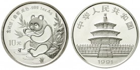 China
Volksrepublik, seit 1949
10 Yuan Panda 1991. Panda mit Bambuszweig, an Gewässer sitzend. Small Date. In Kapsel.
Stempelglanz