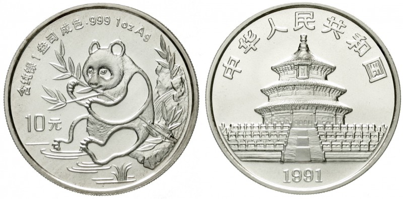 China
Volksrepublik, seit 1949
10 Yuan Panda 1991. Panda mit Bambuszweig, an G...