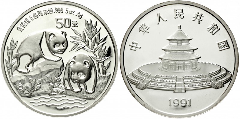 China
Volksrepublik, seit 1949
50 Yuan 5 Unzen Silbermünze 1991. Zwei Pandas a...