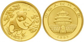 China
Volksrepublik, seit 1949
10 Yuan GOLD 1992. Panda auf Baum. 1/10 Unze Feingold.
Stempelglanz